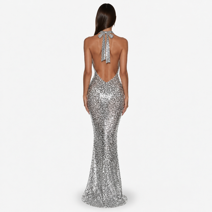 Robe longue halter dos nu col V, argent, vue de dos