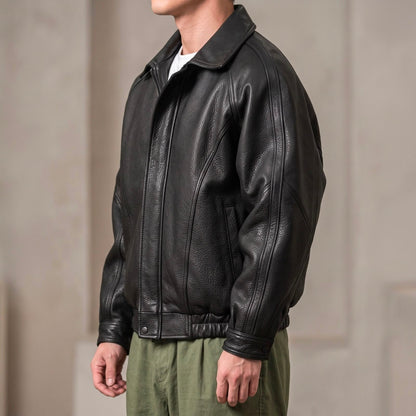 Veste cuir homme zippée col structuré, coloris noir, vue de détail