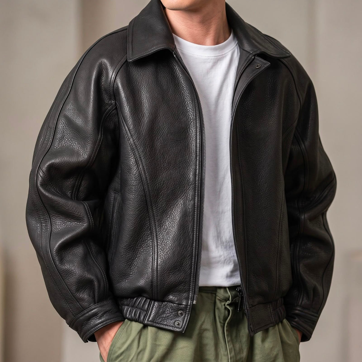 Veste cuir homme zippée col structuré, coloris noir, vue de face