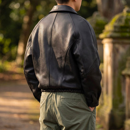 Veste cuir homme zippée col structuré, coloris noir, vue portée