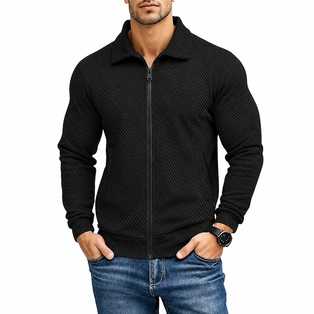 Gilet homme zippé, coloris noir, vue studio