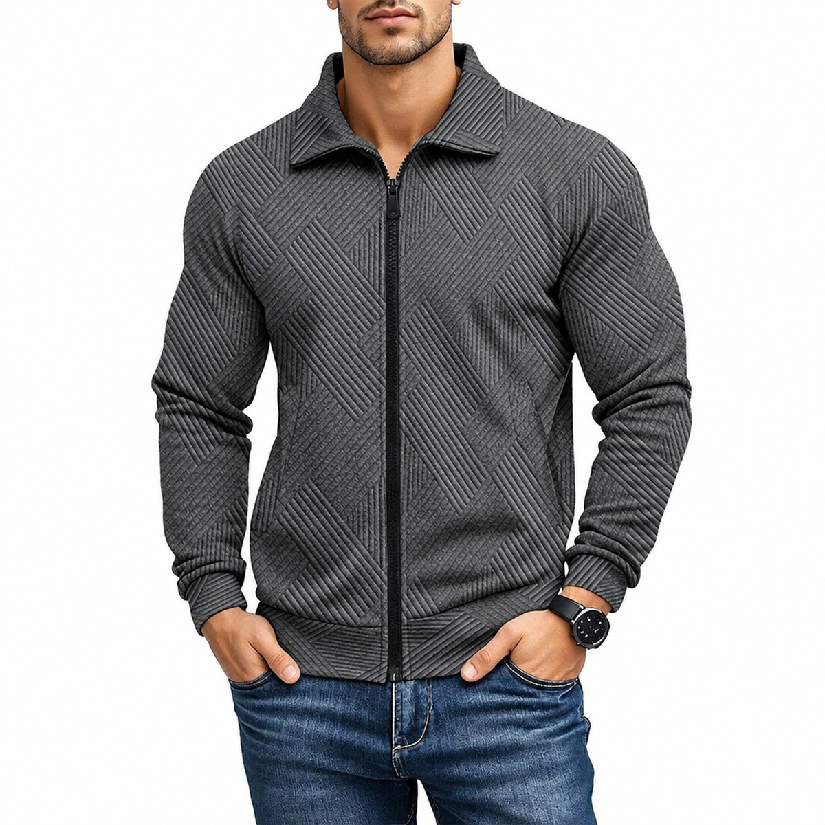 Gilet homme zippé, coloris gris foncé, vue studio