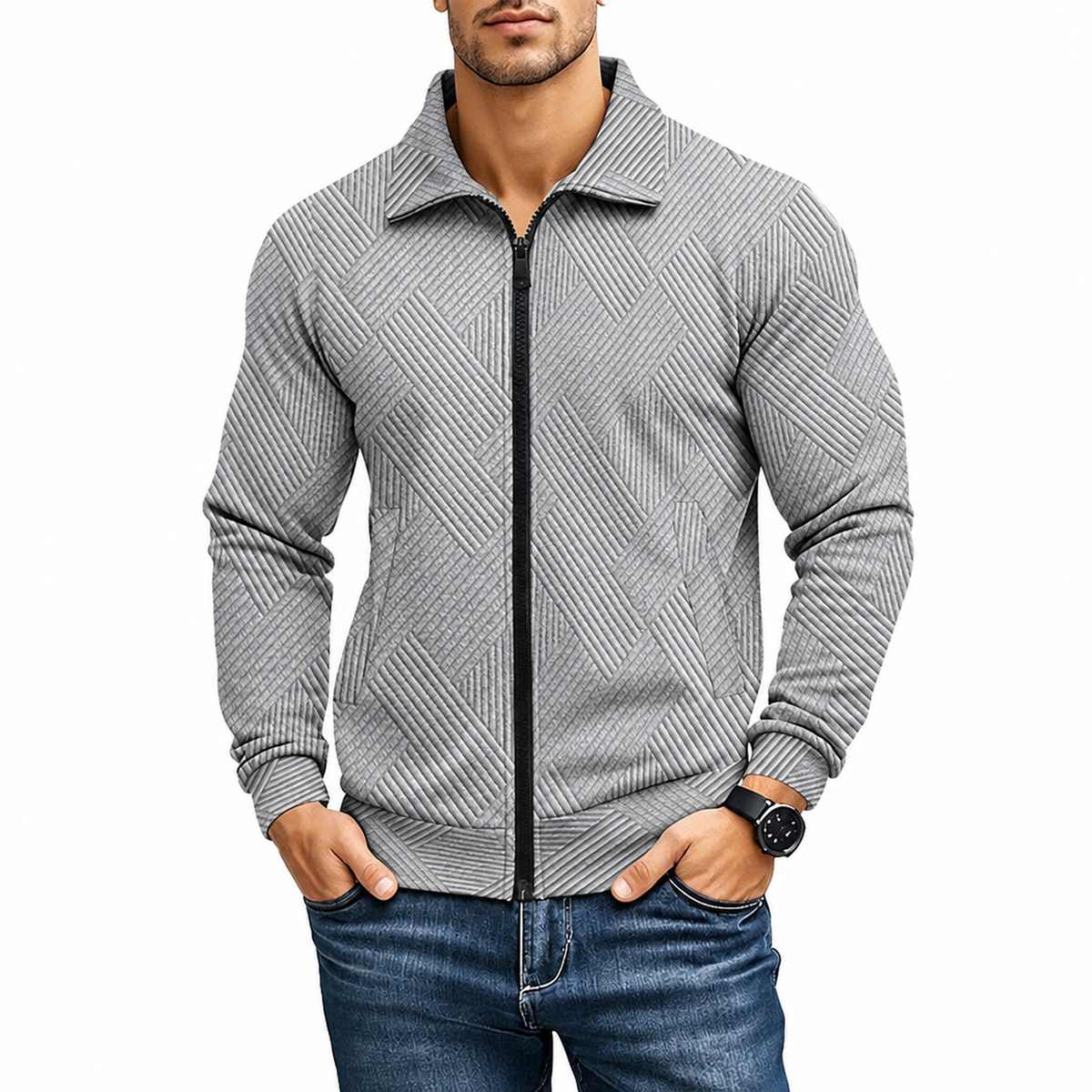 Gilet homme zippé, coloris gris clair, vue studio