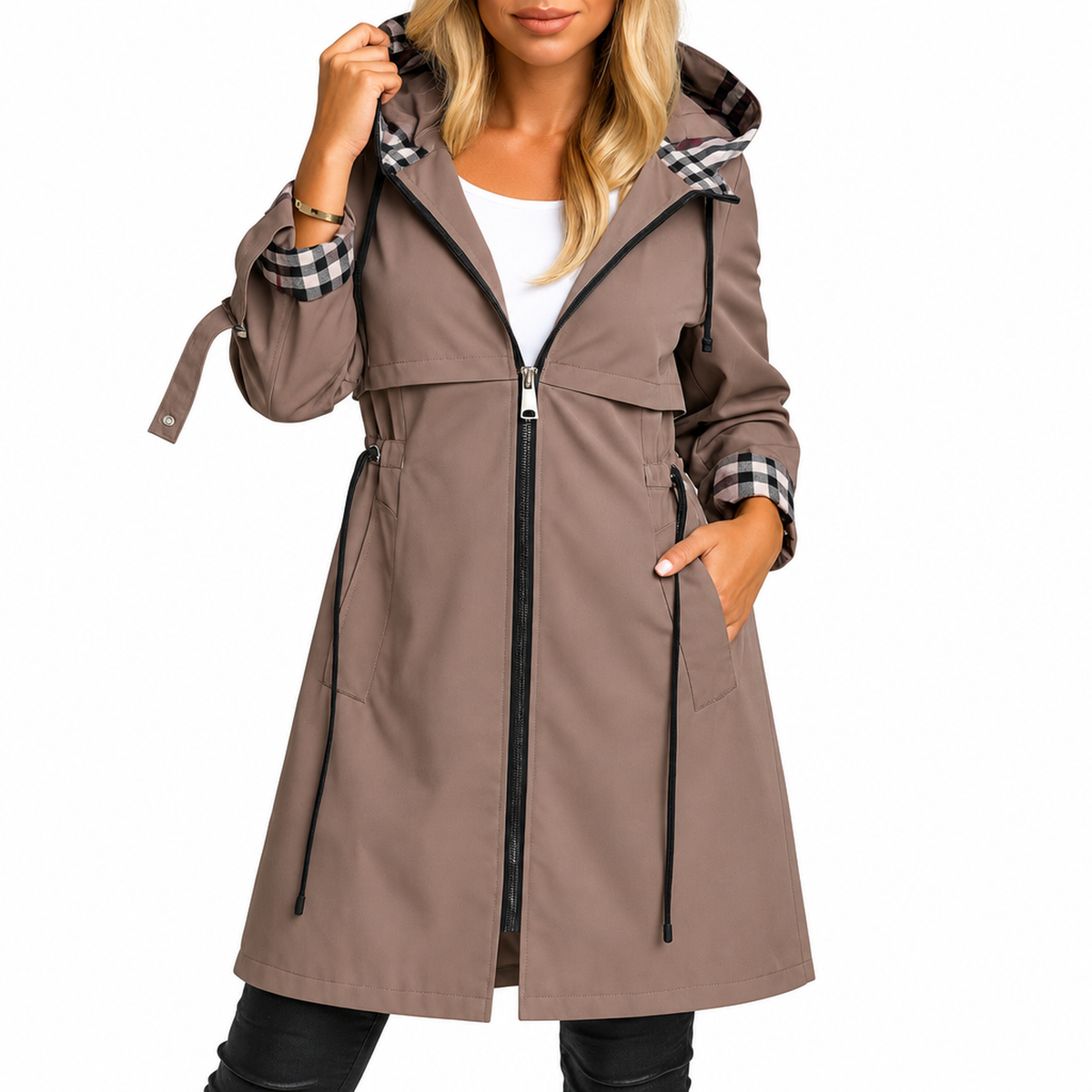Manteau femme zippé à capuche marron, vue studio