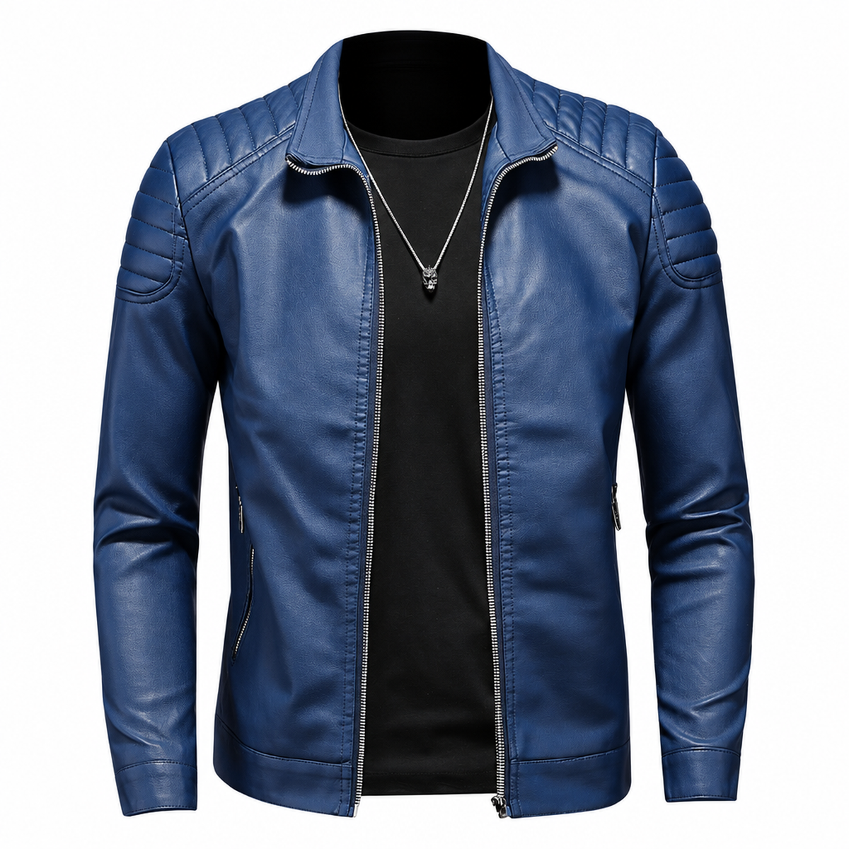 Veste similicuir femme, coloris bleu saphir, vue studio