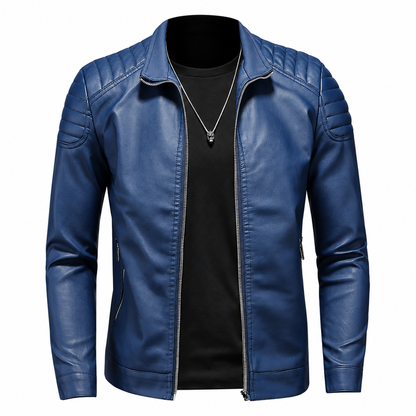 Veste similicuir femme, coloris bleu saphir, vue studio