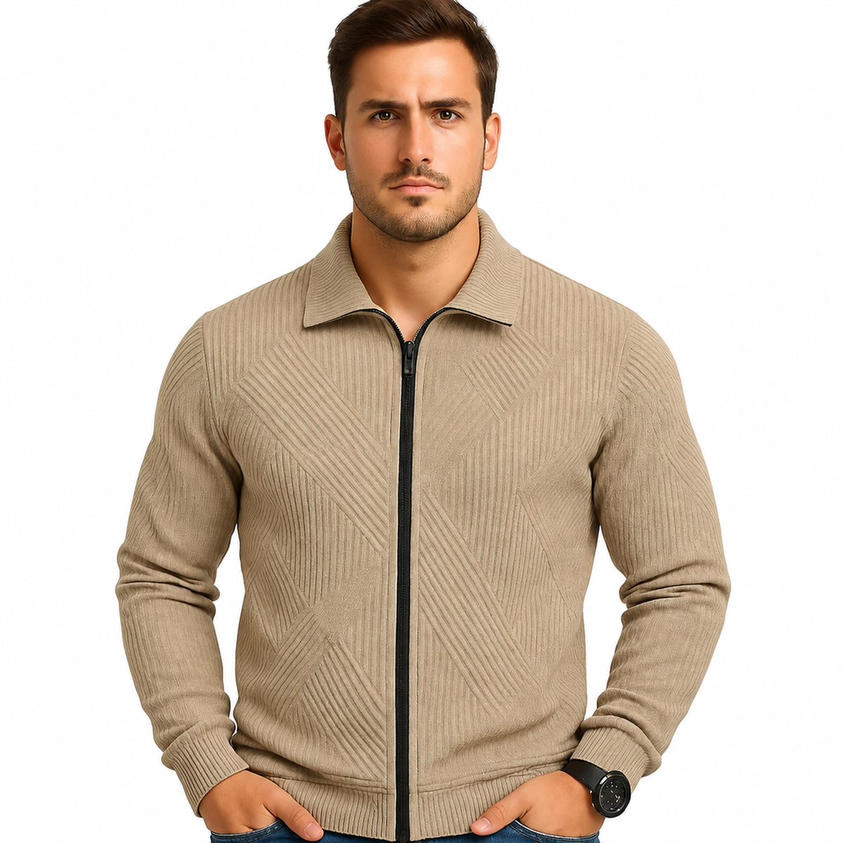 Gilet homme zippé, coloris kaki, vue studio