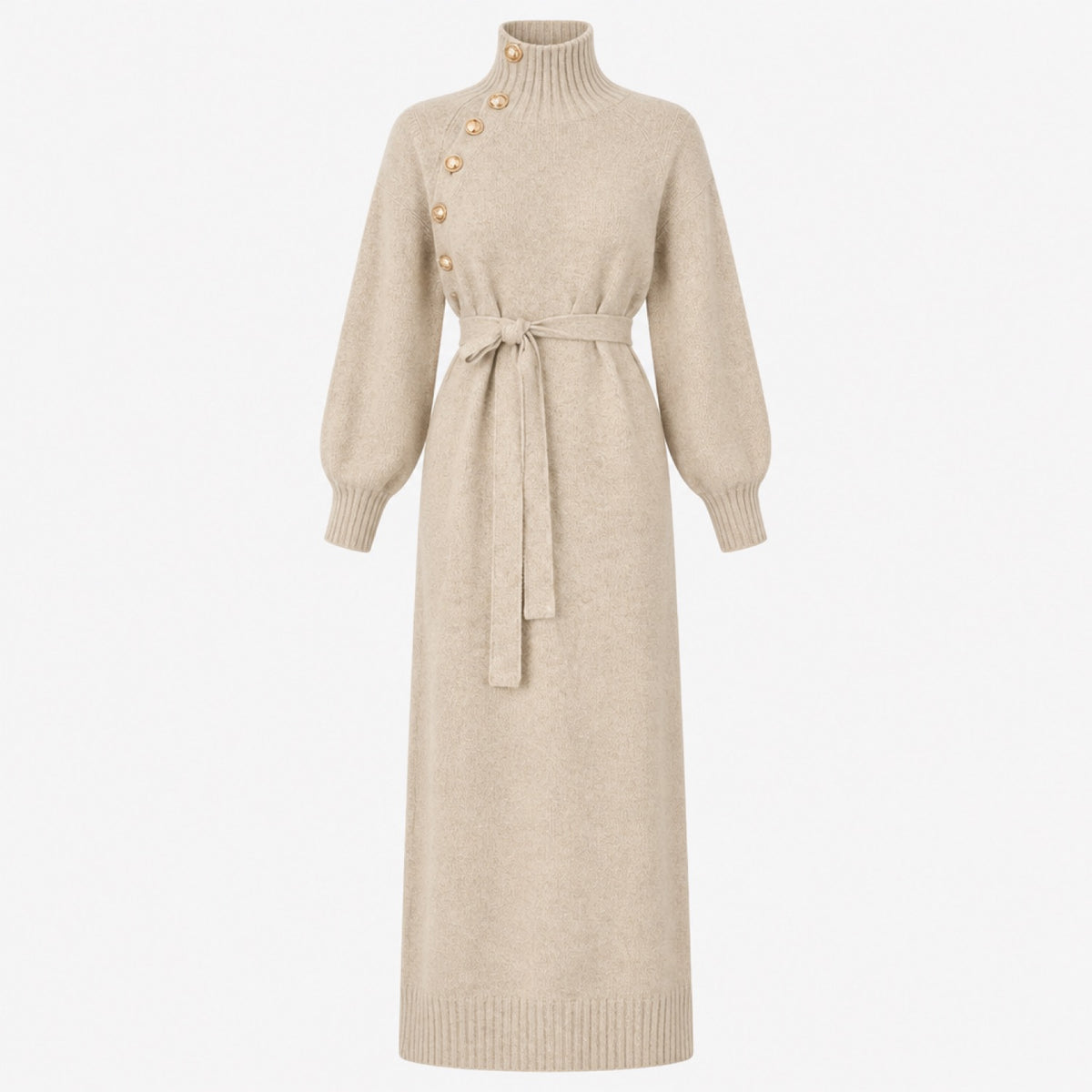 Robe pull col roulé longue boutonnée beige, packshot studio fond clair