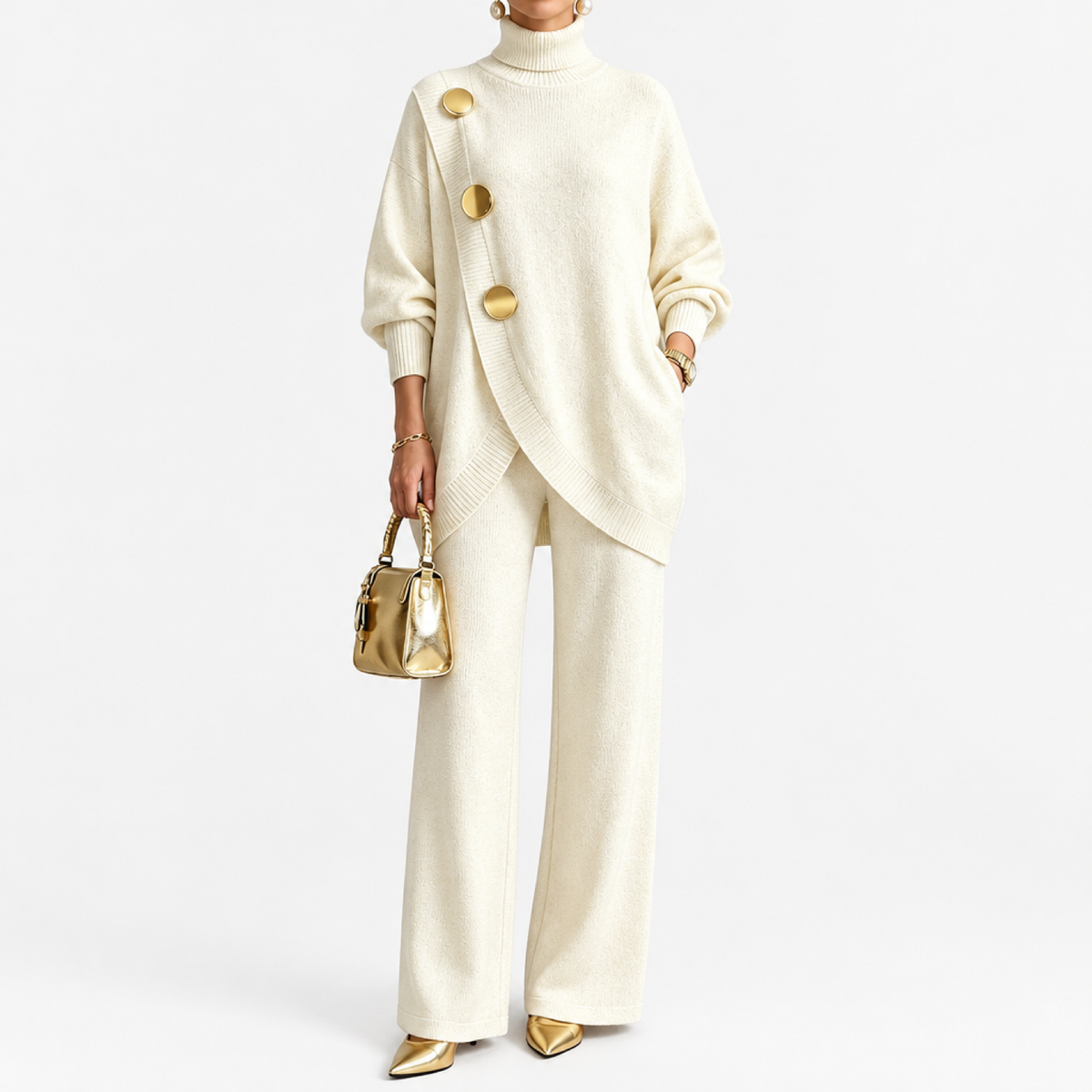 Ensemble maille deux pièces femme beige, haut asymétrique boutonné et pantalon large, vue de face studio