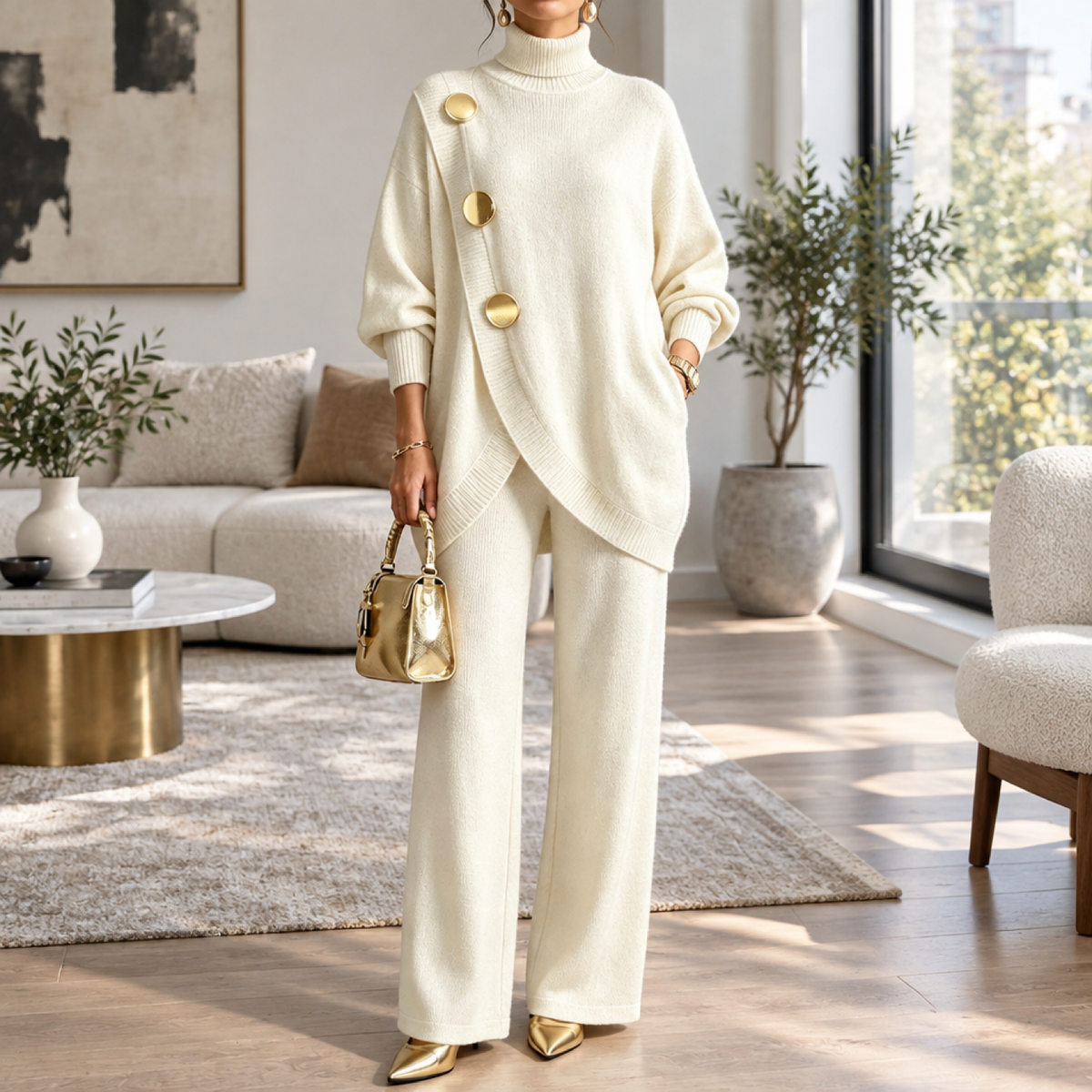 Ensemble maille deux pièces femme beige, haut asymétrique boutonné et pantalon large, porté par un mannequin