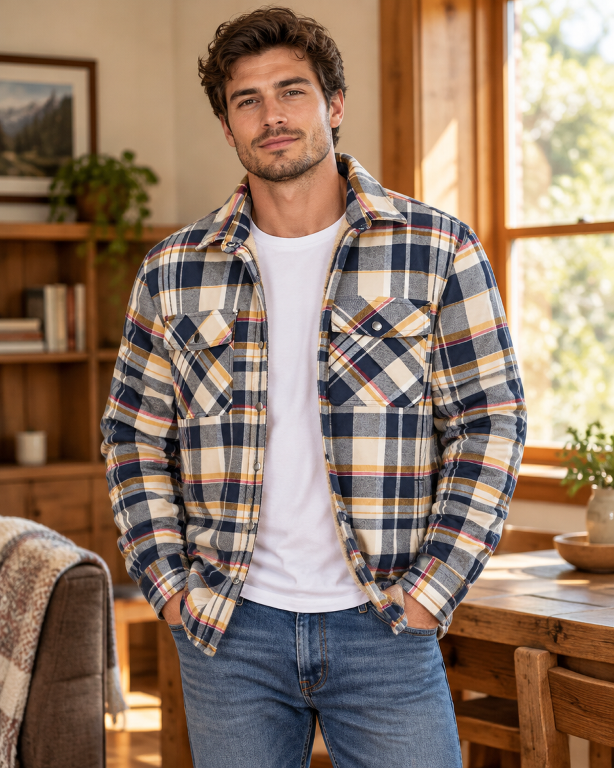 Homme portant la surchemise beige doublée sherpa, look intérieur décontracté