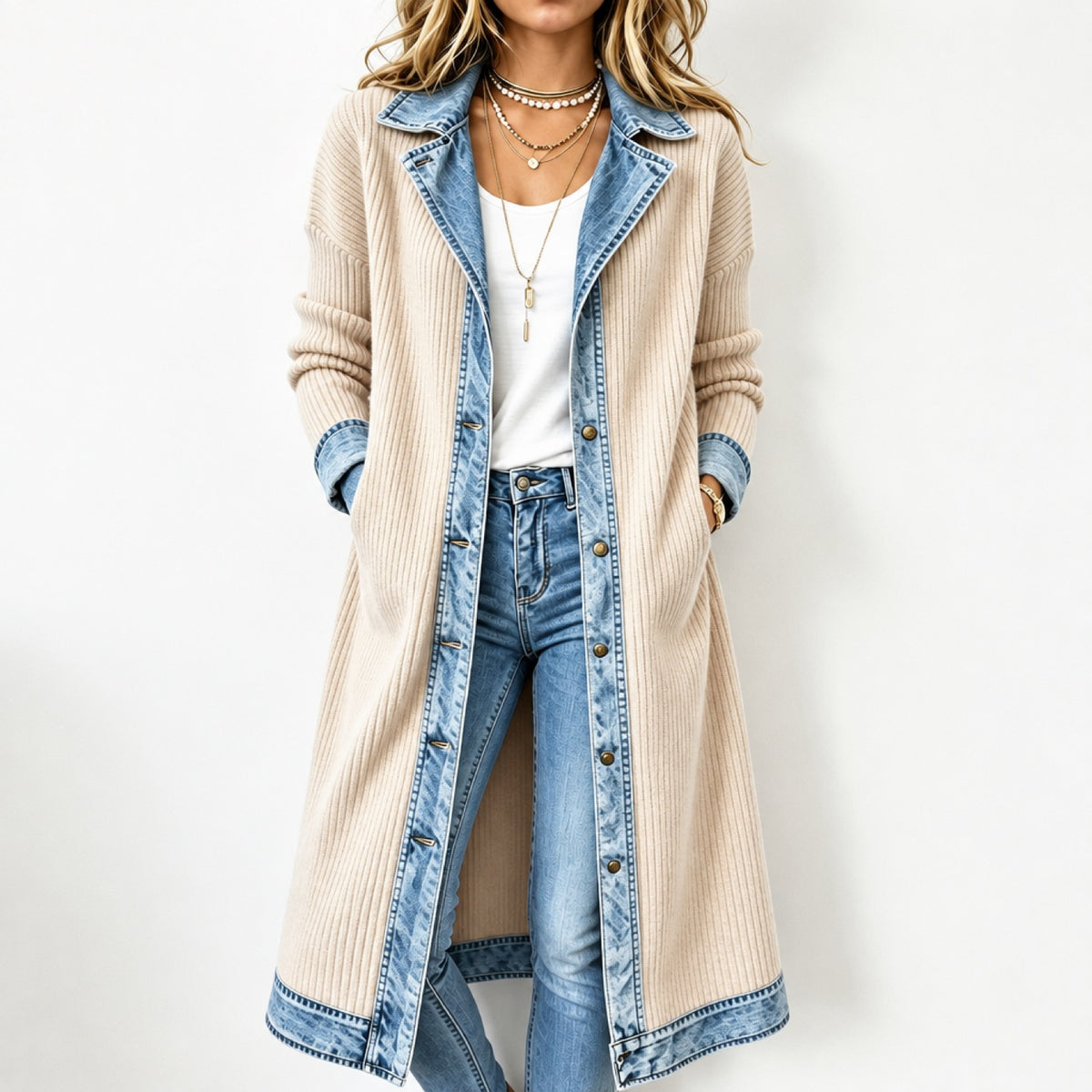Cardigan long femme col et revers en denim délavé, coloris beige, porté avec un jean