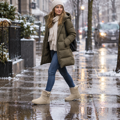Bottines barefoot imperméables femme, coloris beige, portées en extérieur sous la pluie