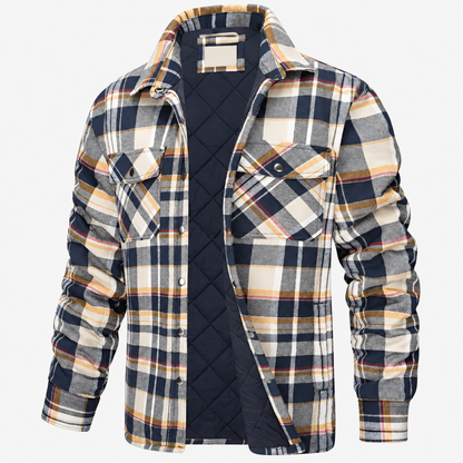 Surchemise homme doublée sherpa coloris beige à carreaux, vue de face sur fond blanc