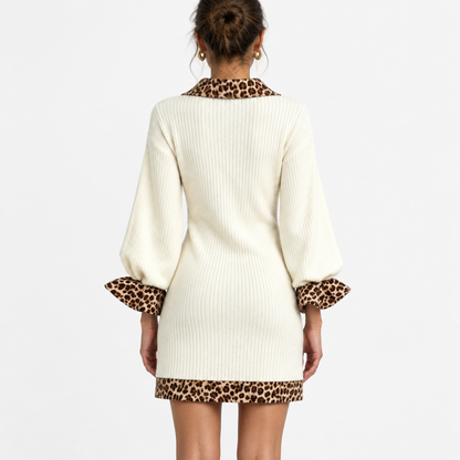 Robe maille imprimé léopard femme, coloris blanc, vue de dos studio