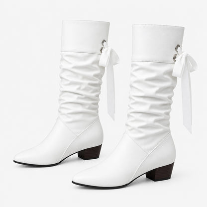 Bottines mi-mollet froncées blanches à lacets, vue studio 3/4