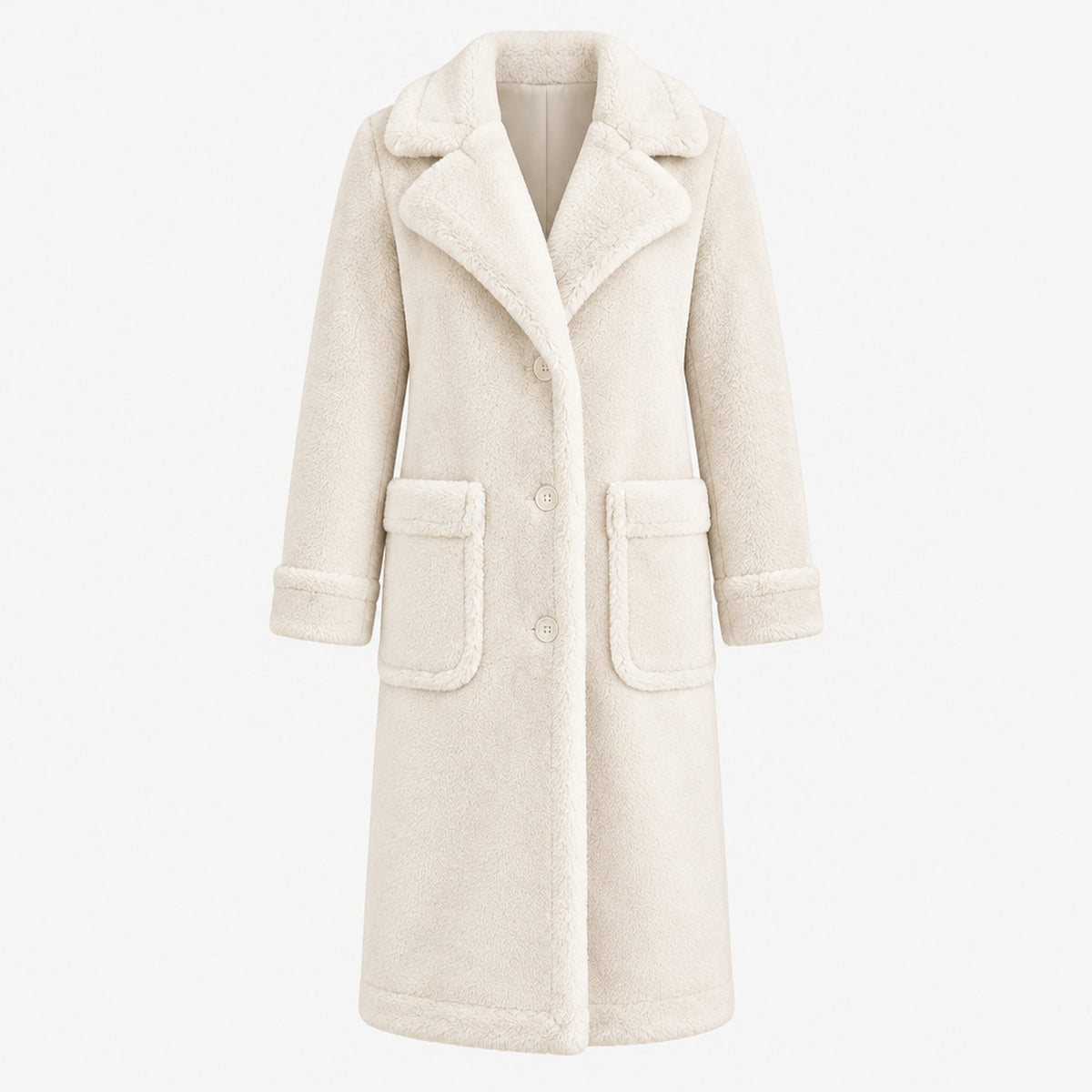 Manteau long velours aspect suède grande taille femme, coloris blanc cassé, vue de face, fond studio