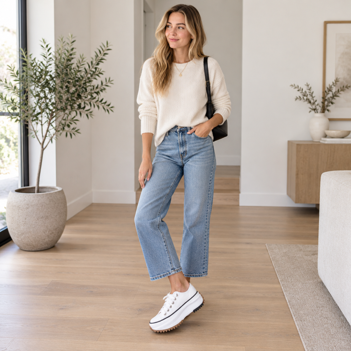 Femme portant les baskets plateforme en toile blanche à l'intérieur