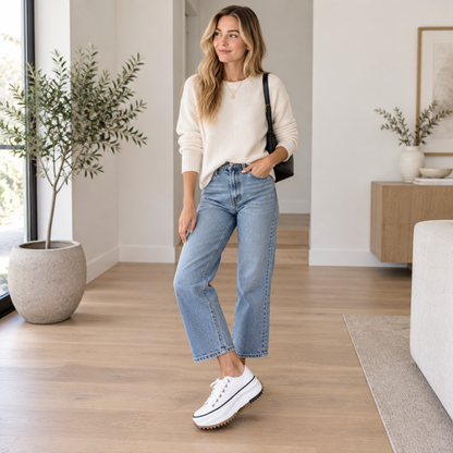 Femme portant les baskets plateforme en toile blanche à l'intérieur