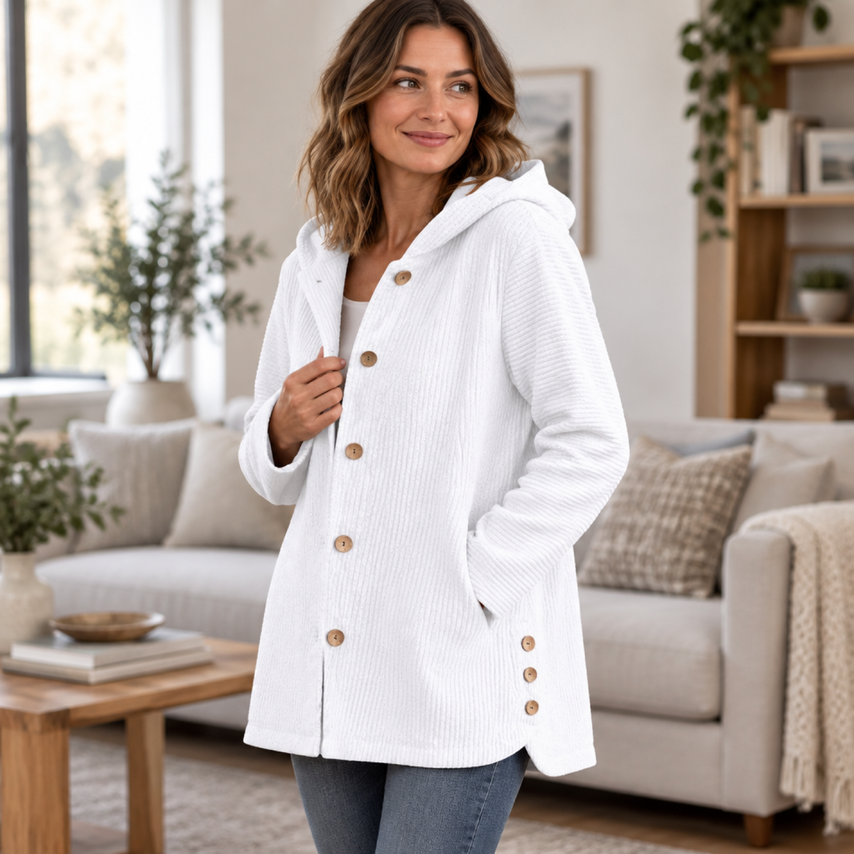 manteau femme blanc, porté par une mannequin en intérieur