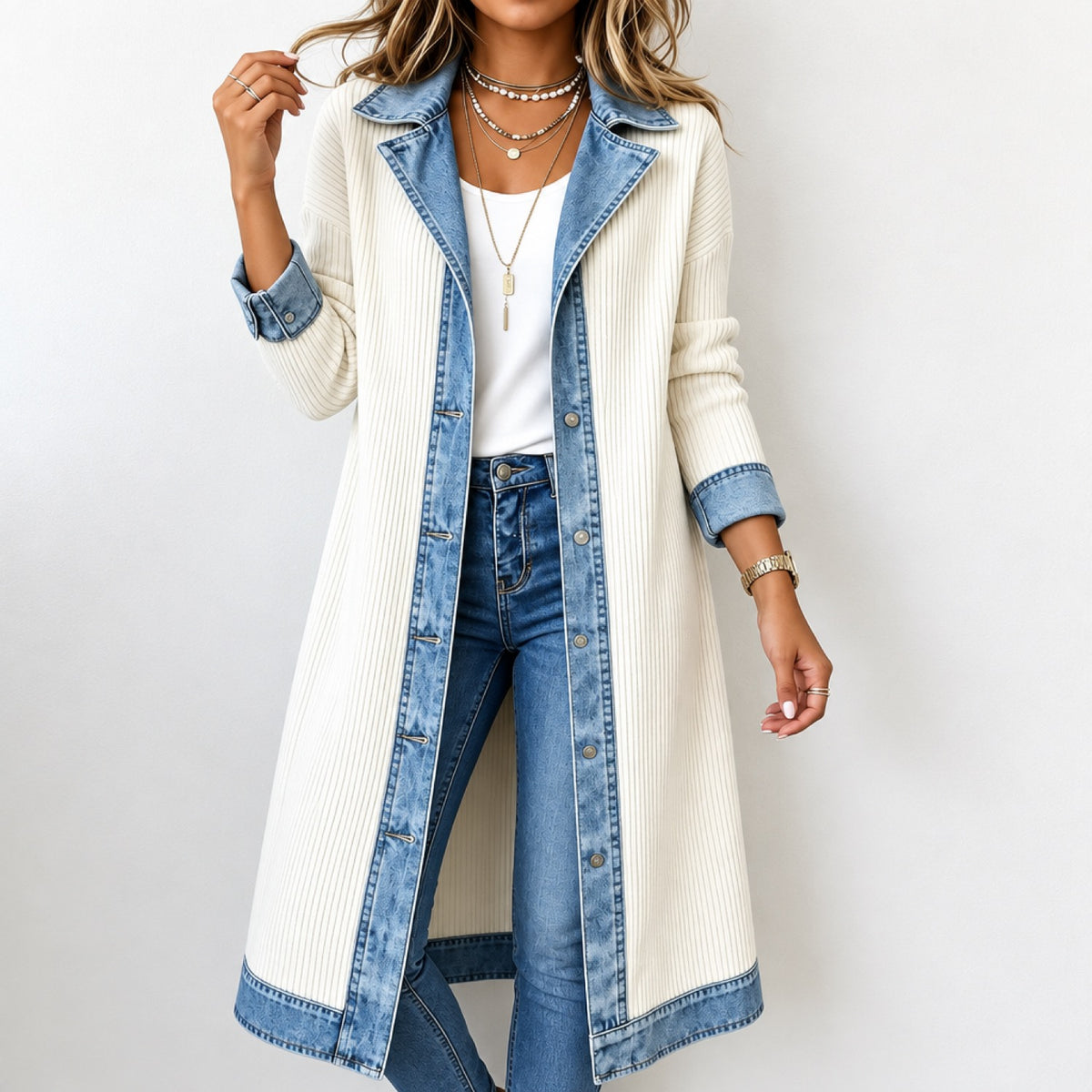 Cardigan long femme col et revers en denim délavé, coloris blanc cassé, porté avec un jean
