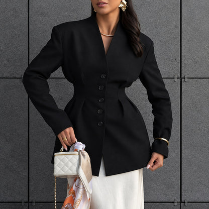 Blazer sans col noir à taille cintrée, vue avant
