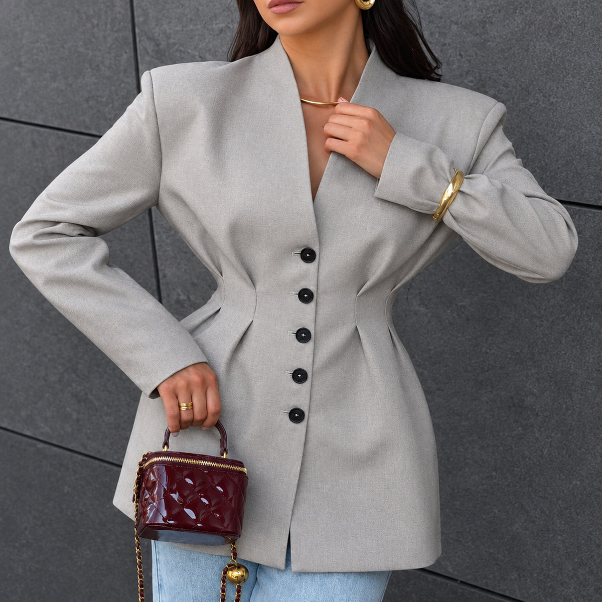 Blazer sans col gris à taille cintrée, vue avant