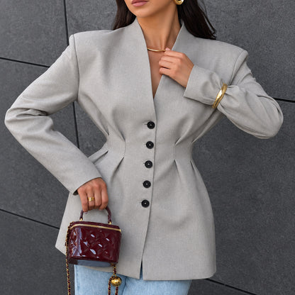 Blazer sans col gris à taille cintrée, vue avant