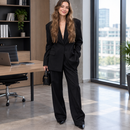 Mannequin portant le blazer femme noir slim fit en tenue de bureau