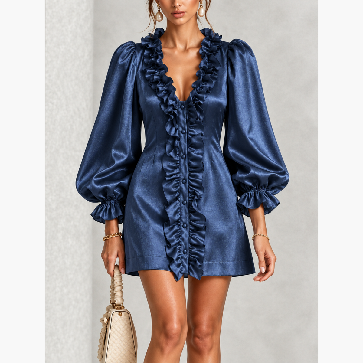 Robe courte bleu marine satinée à volants, gros plan sur le décolleté en V et les manches ballon