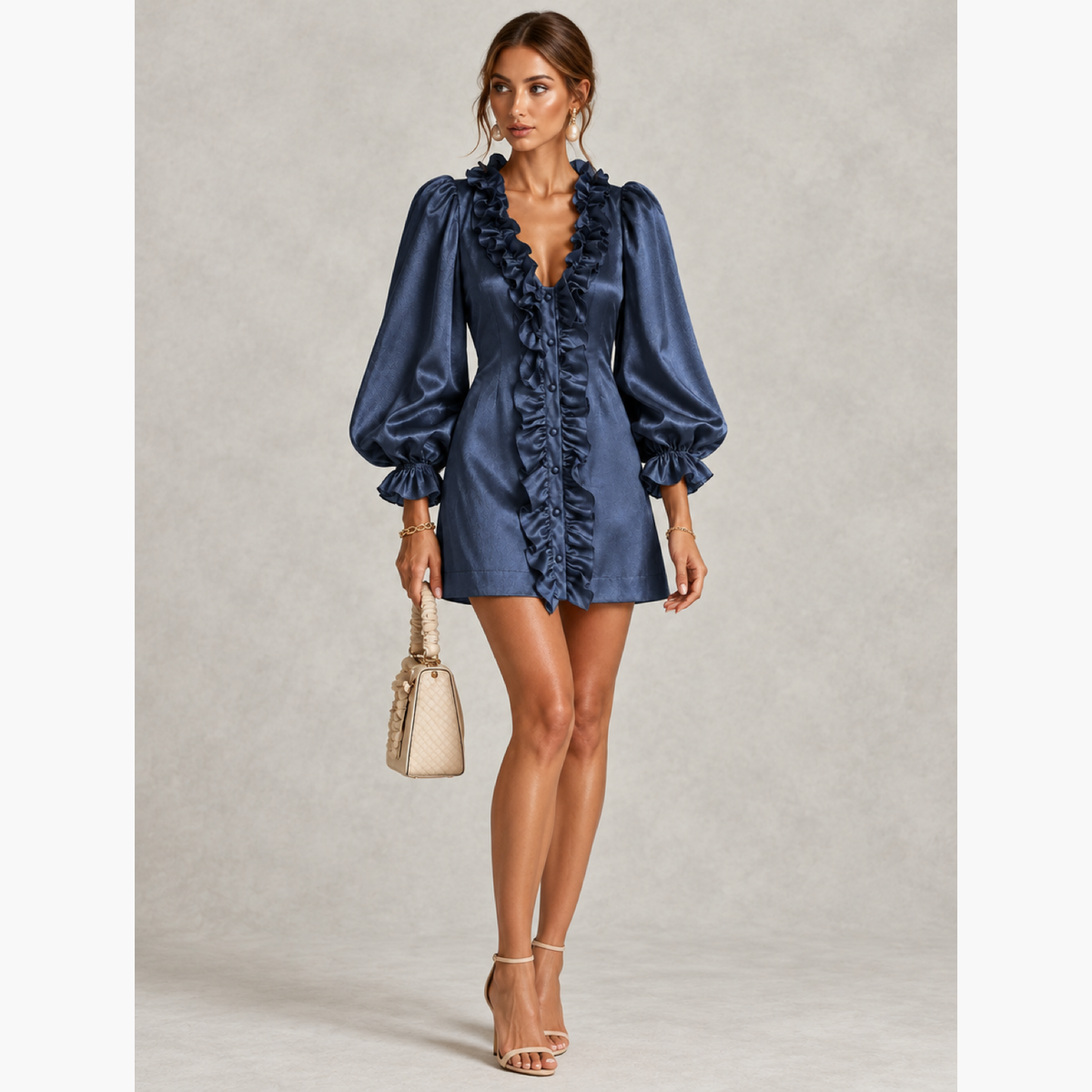 Robe courte bleu marine à volants, vue de face en pied, silhouette complète