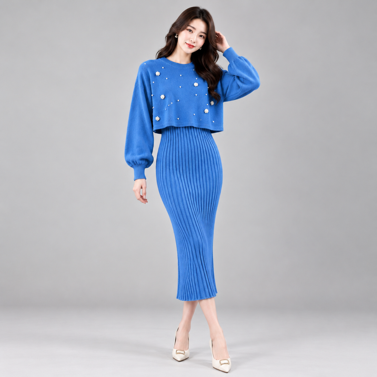 Ensemble robe pull tricot perlé bleu marine et jupe mi-longue côtelée assortie