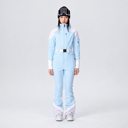 Combinaison de ski femme bleu ciel, vue complète de face
