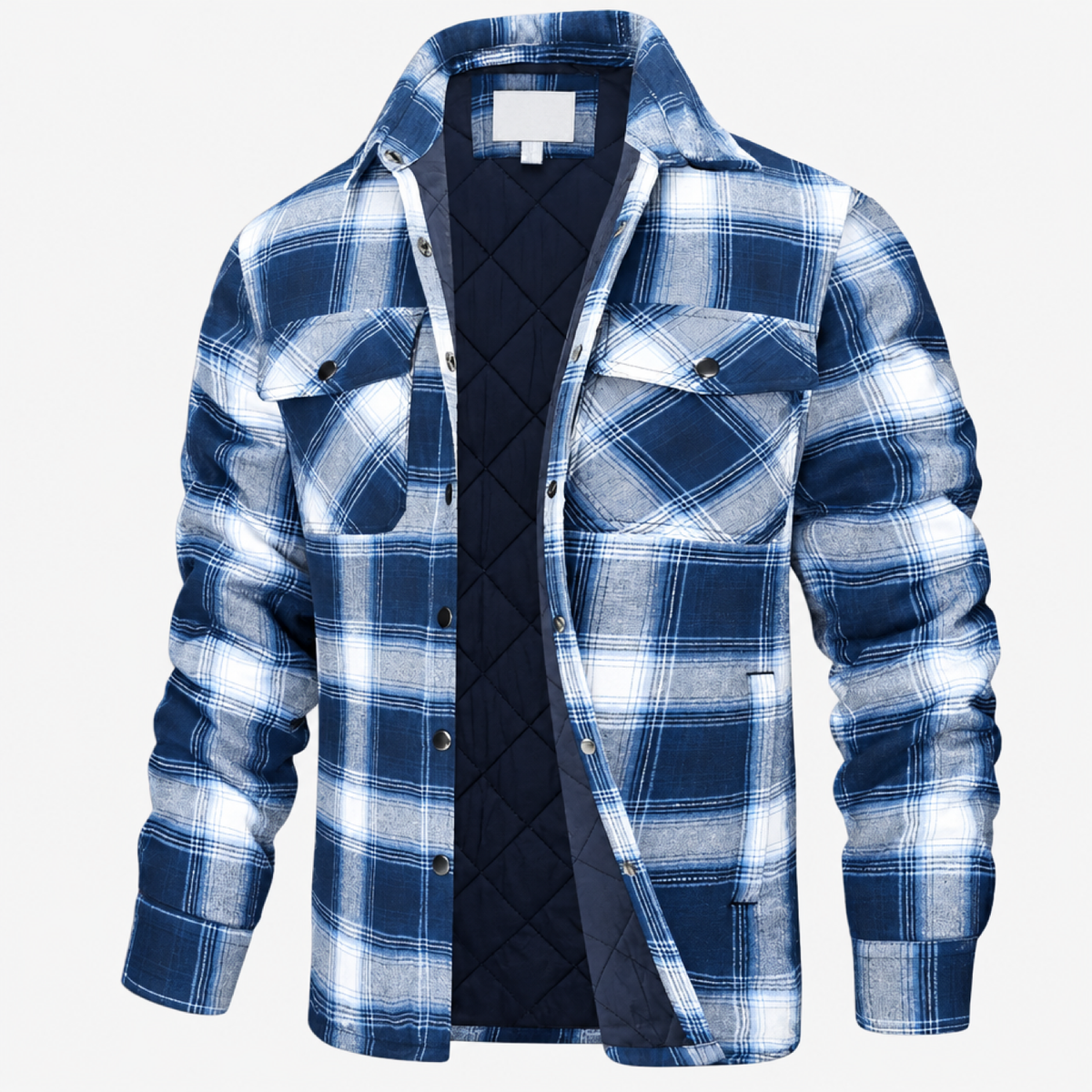 Surchemise homme doublée sherpa coloris bleu à carreaux, vue de face sur fond blanc