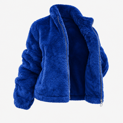 Veste oversize femme fausse fourrure bleu roi, vue de face