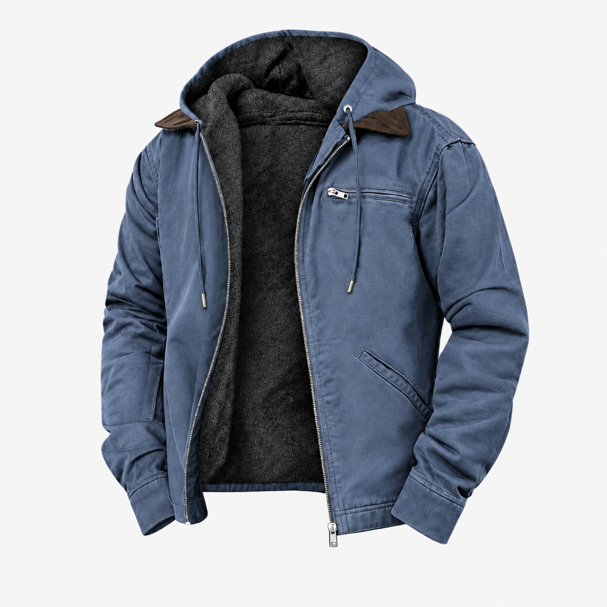 Veste imperméable à capuche bleue doublée polaire, vue studio