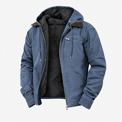Veste imperméable à capuche bleue doublée polaire, vue studio