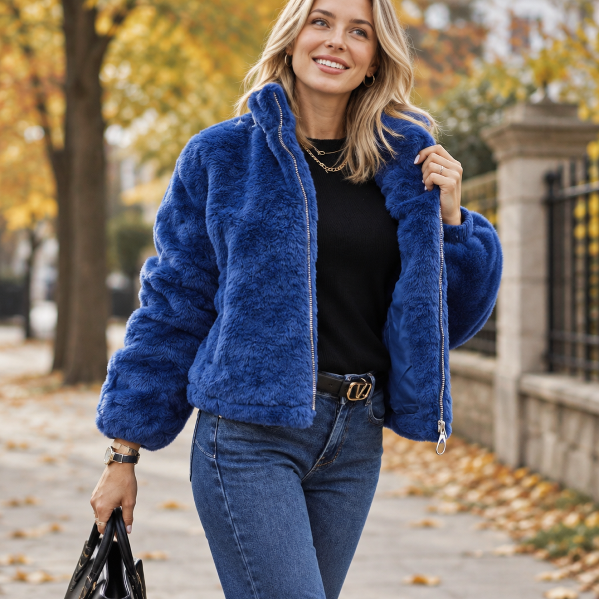 Mannequin portant la veste oversize fausse fourrure bleu roi en extérieur