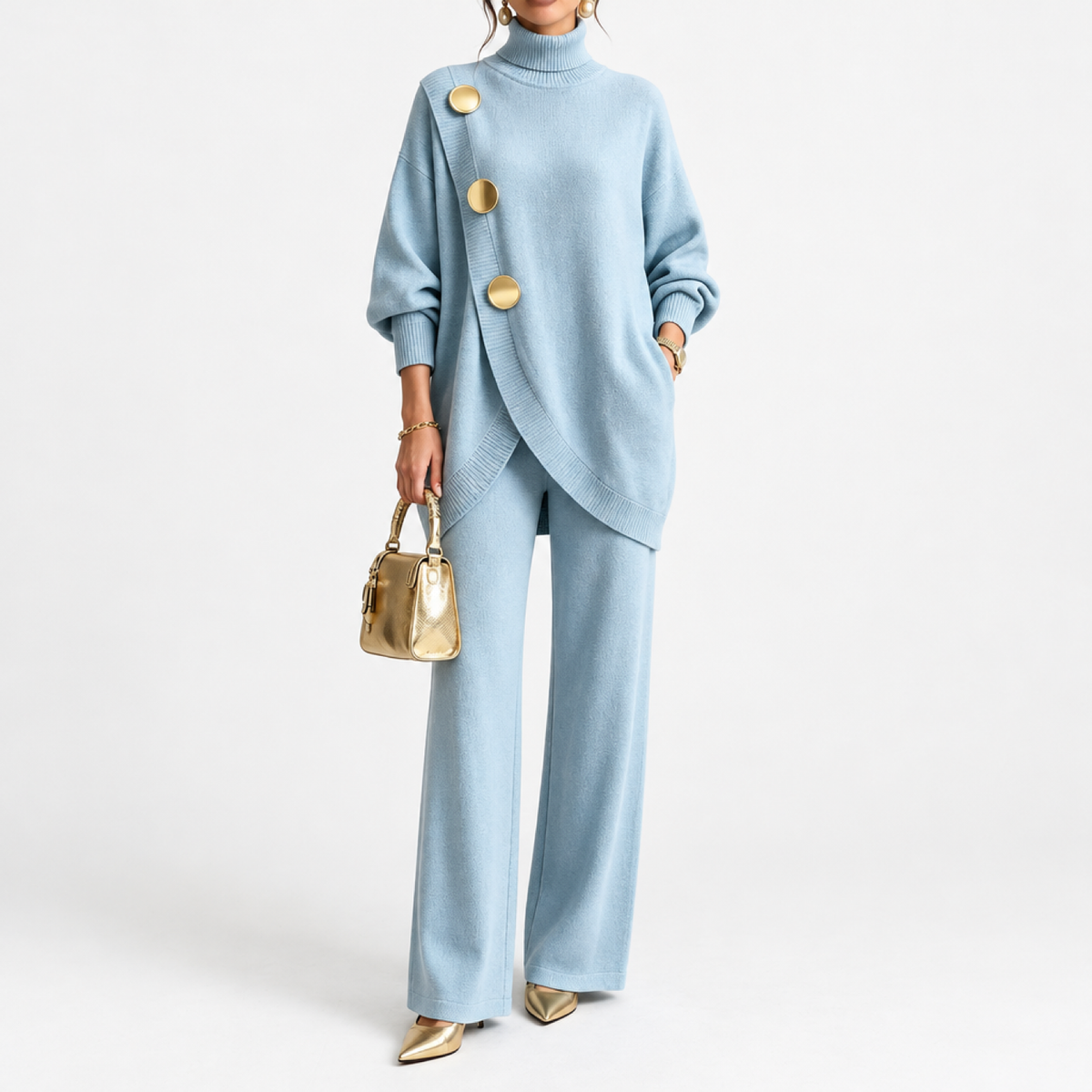 Ensemble maille deux pièces femme bleu ciel, haut asymétrique boutonné et pantalon large, vue de face studio