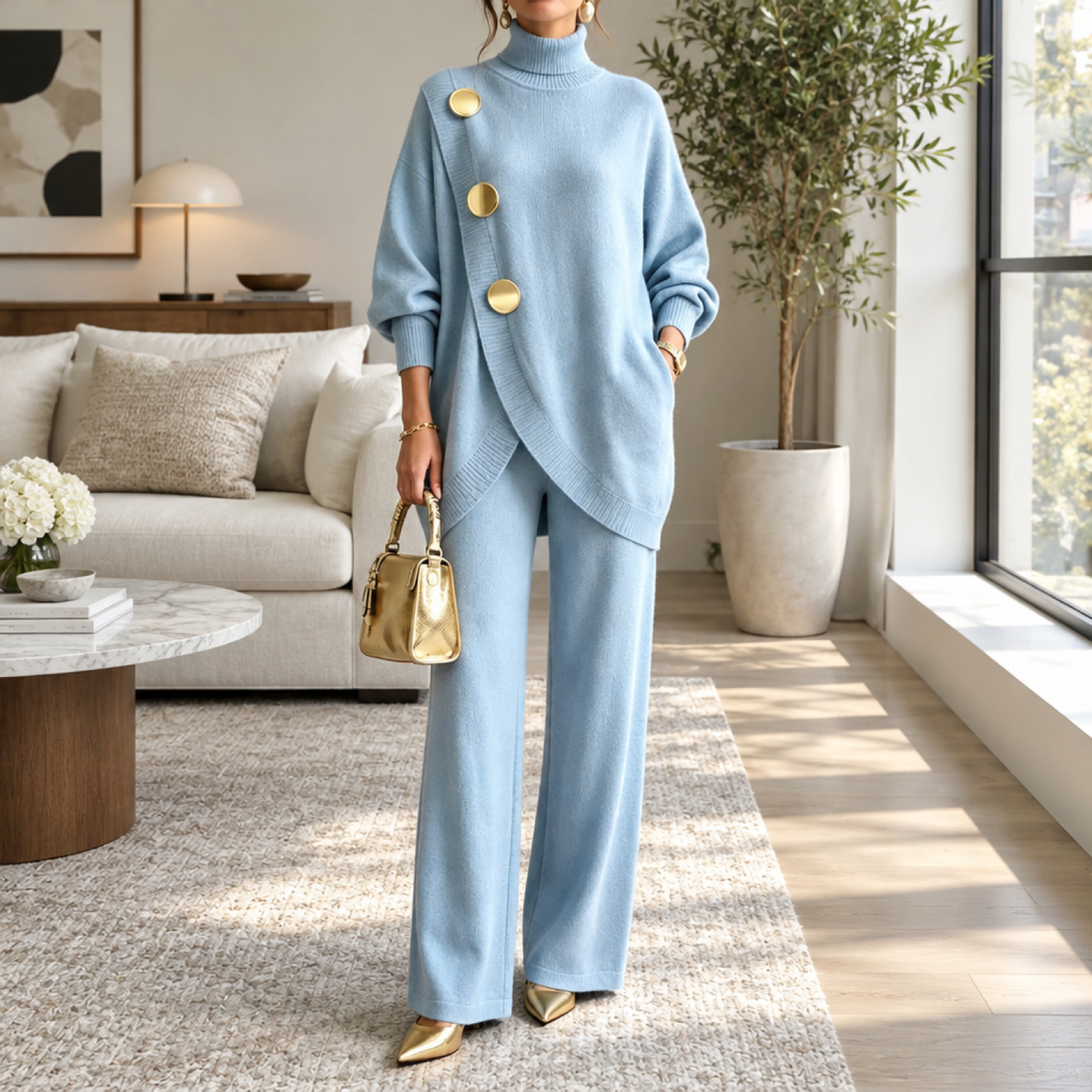 Ensemble maille deux pièces femme bleu ciel, haut asymétrique boutonné et pantalon large, porté par un mannequin