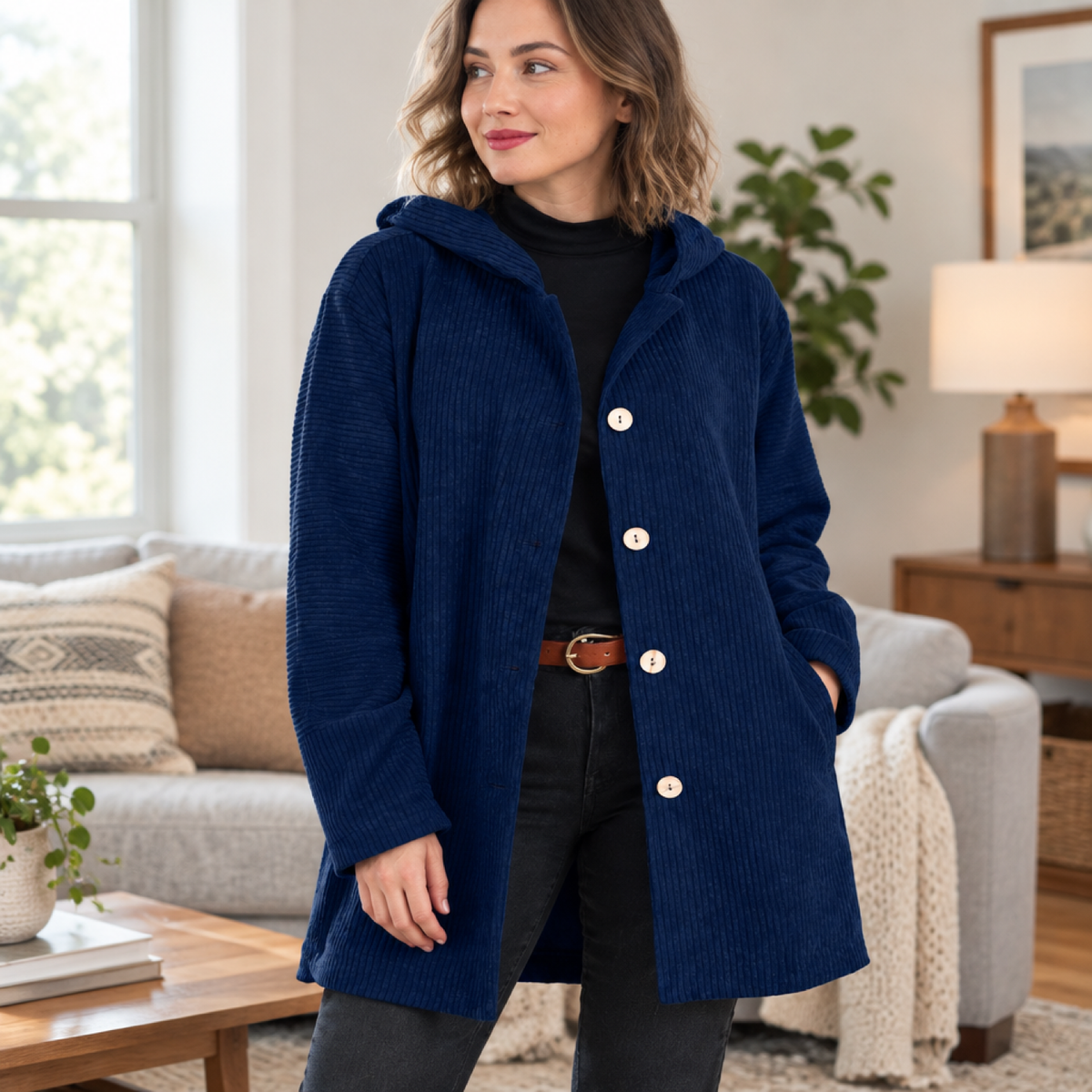 manteau femme bleu marine, porté par une mannequin en intérieur