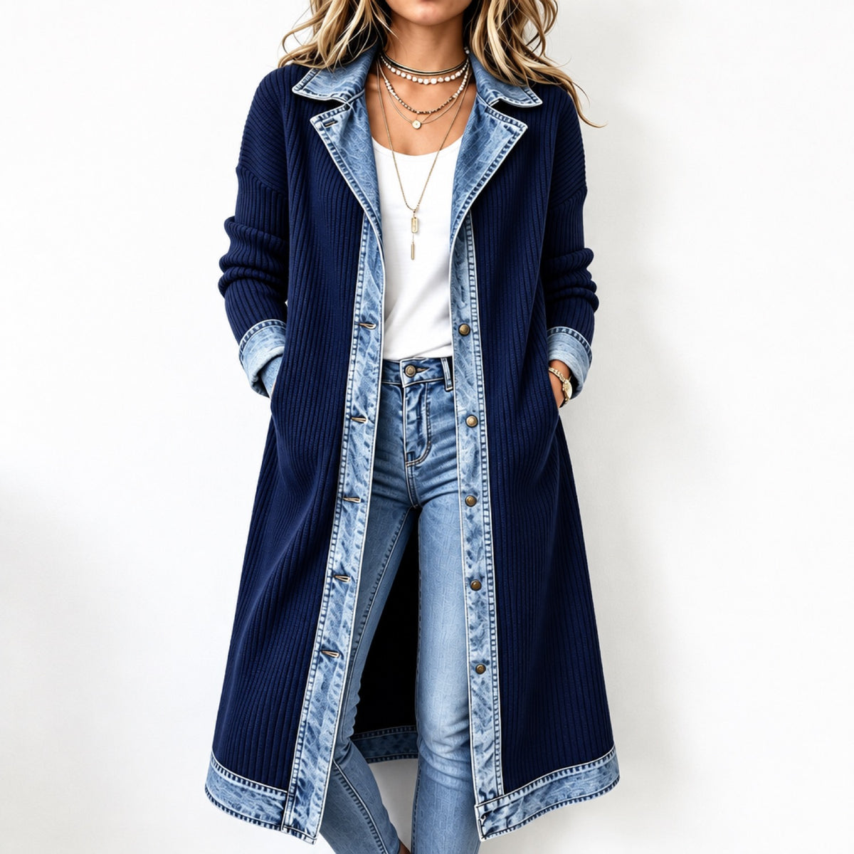 Cardigan long femme col et revers en denim délavé, coloris bleu marine, porté avec un jean