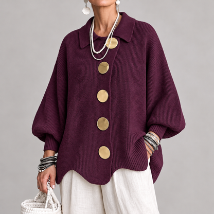 Cardigan oversized femme en maille, coloris bordeaux, col boutonné doré