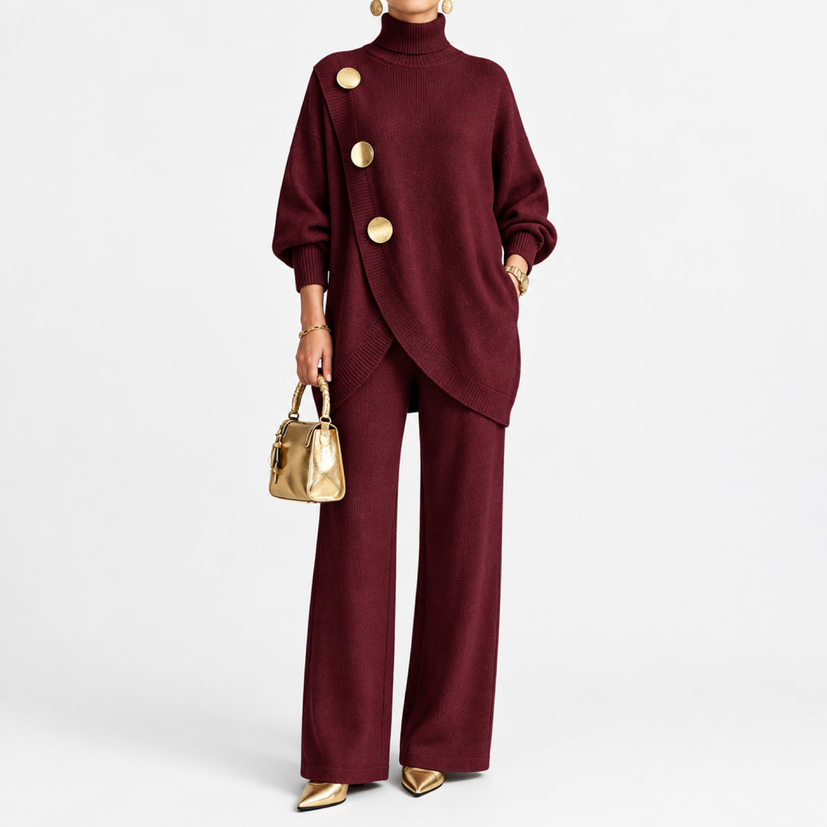 Ensemble maille deux pièces femme bordeaux, haut asymétrique boutonné et pantalon large, vue de face studio