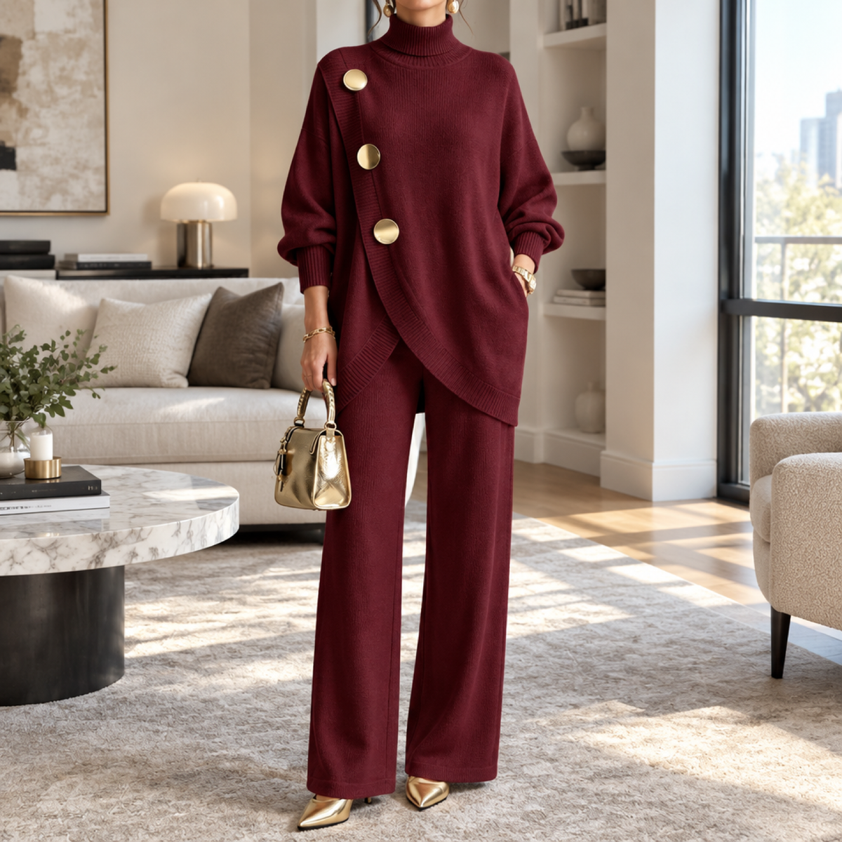 Ensemble maille deux pièces femme bordeaux, haut asymétrique boutonné et pantalon large, porté par un mannequin