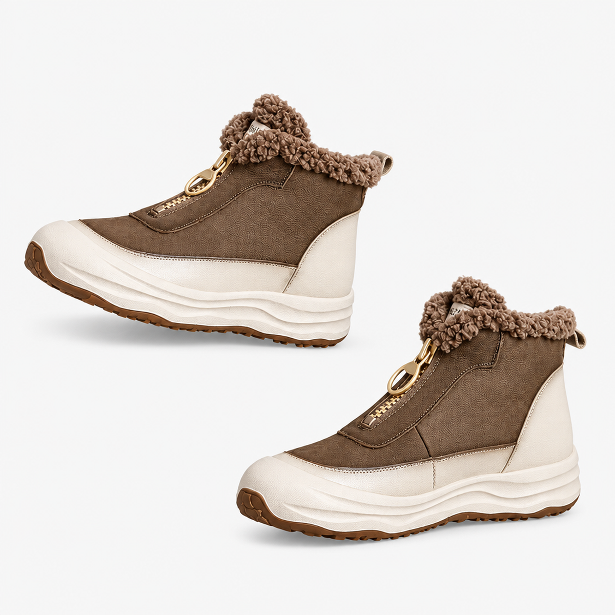 Bottines chunky en cuir véritable doublées fourrure, coloris café, vue de profil sur fond blanc studio