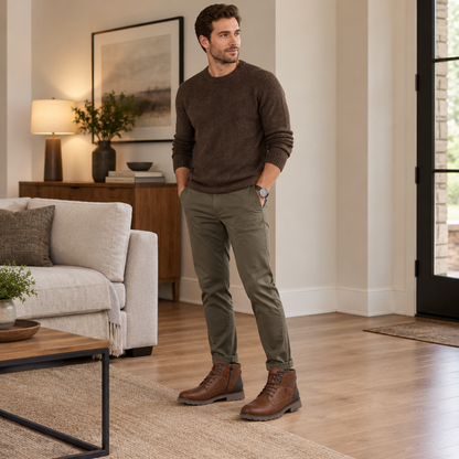 Homme portant les bottines en cuir marron à lacets Martaline, intérieur, tenue casual