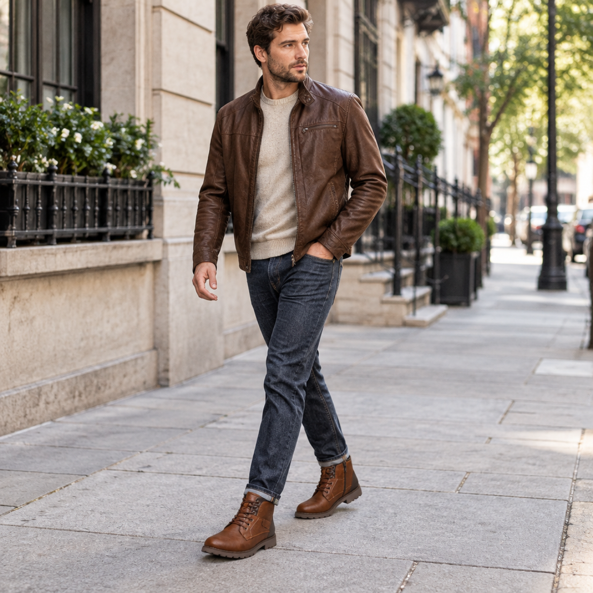 Homme portant les bottines en cuir marron à lacets Martaline en extérieur, dans la rue