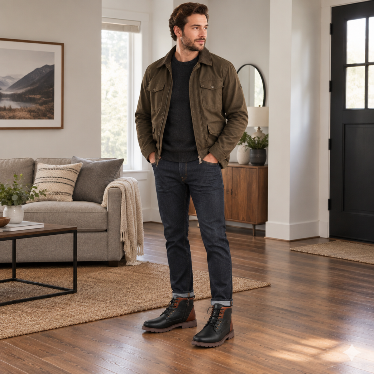 Homme portant les bottines en cuir noir à lacets Martaline, intérieur, tenue casual