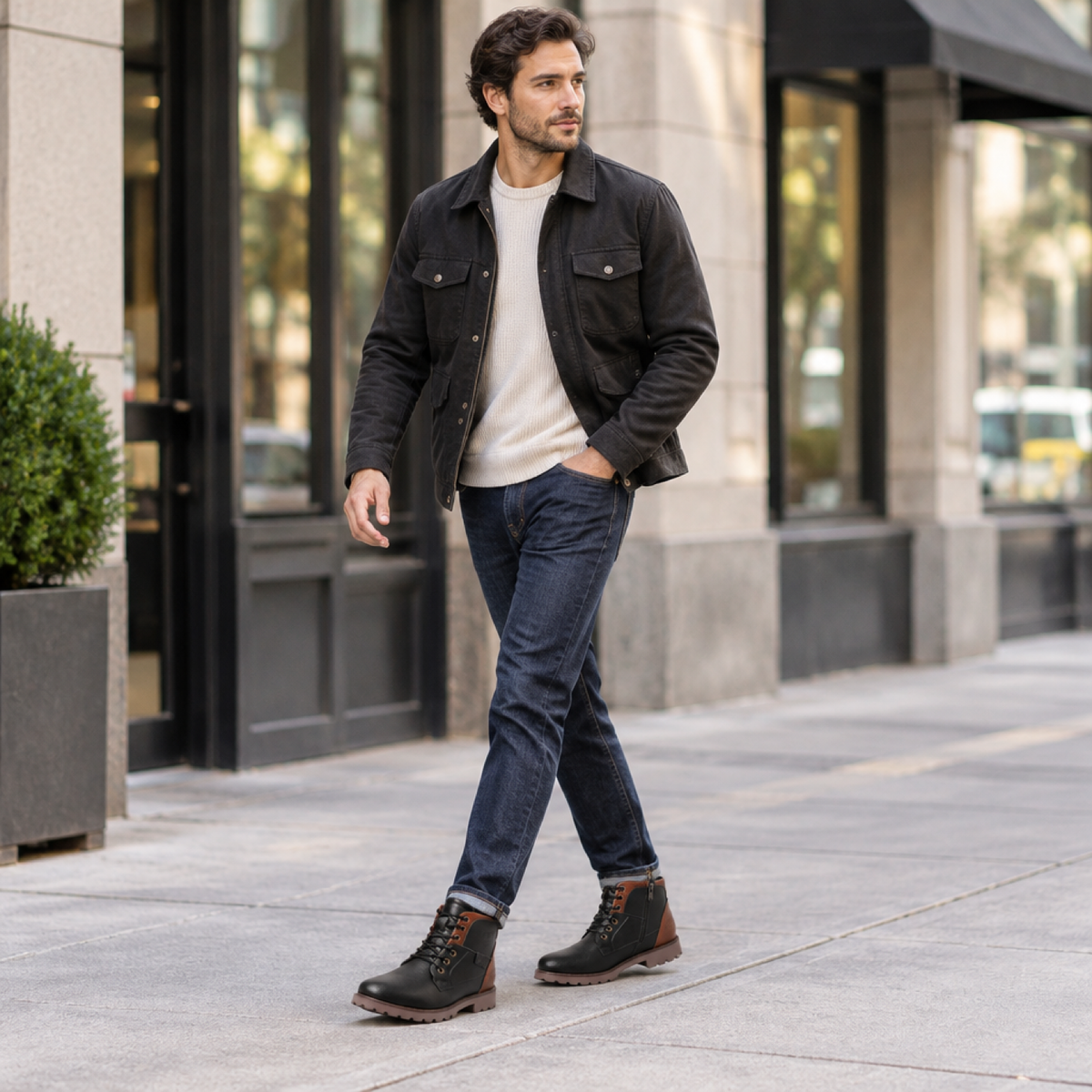 Homme portant les bottines en cuir noir à lacets Martaline en extérieur, dans la rue